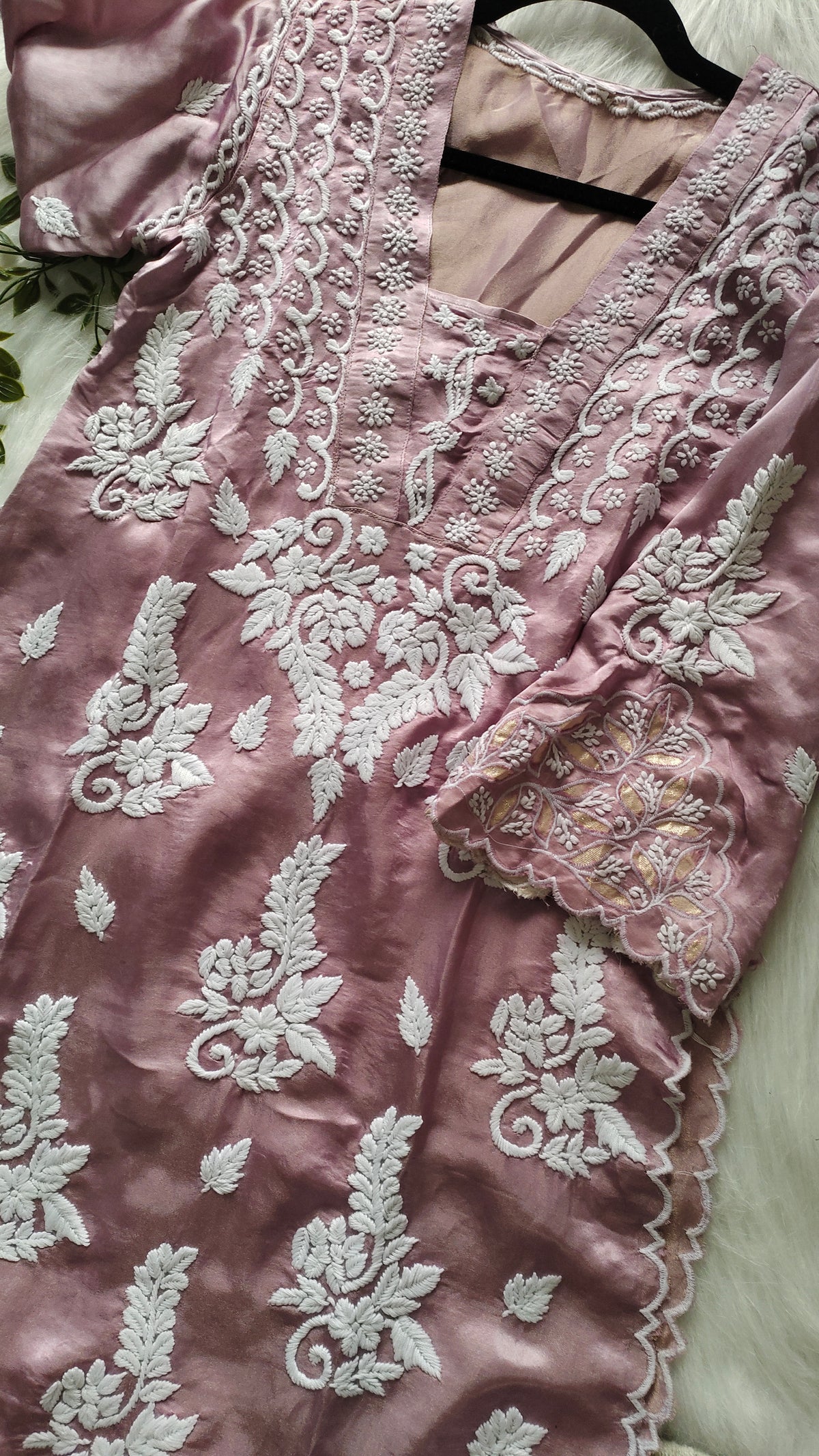 Deep lavender silk co-ord set by LVW Fashions with handcrafted Lucknow Chikankari and golden embroidery, perfect for elegant occasions.