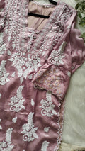 Deep lavender silk co-ord set with handcrafted Lucknow Chikankari and golden embroidery by LVW Fashions.