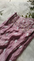 Deep lavender silk co-ord set with handcrafted Lucknow chikankari and golden embroidery, from LVW Fashions.
