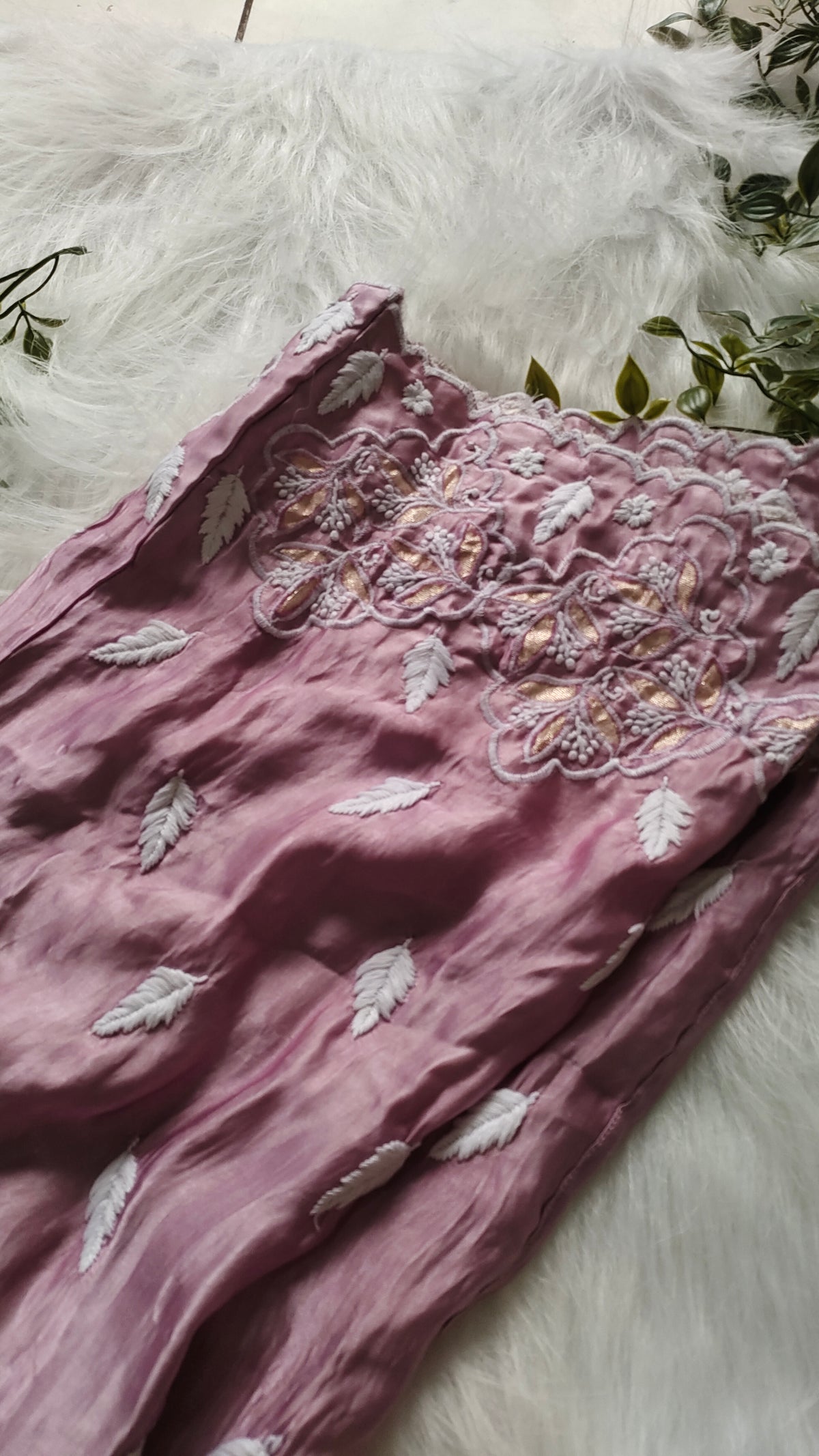 Deep lavender silk co-ord set with handcrafted Lucknow chikankari and golden embroidery, from LVW Fashions.