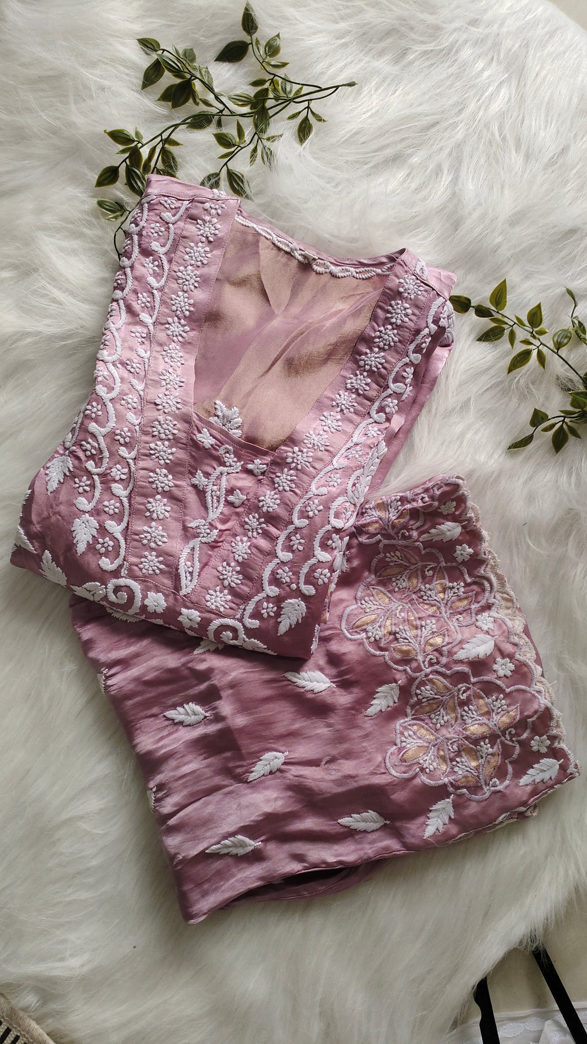Deep lavender silk co-ord set by LVW Fashions with handcrafted Lucknow chikankari and golden work, featuring a designer kurta and matching pants.
