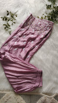 Deep lavender silk co-ord set with handcrafted Lucknow Chikankari and golden embroidery by LVW Fashions.