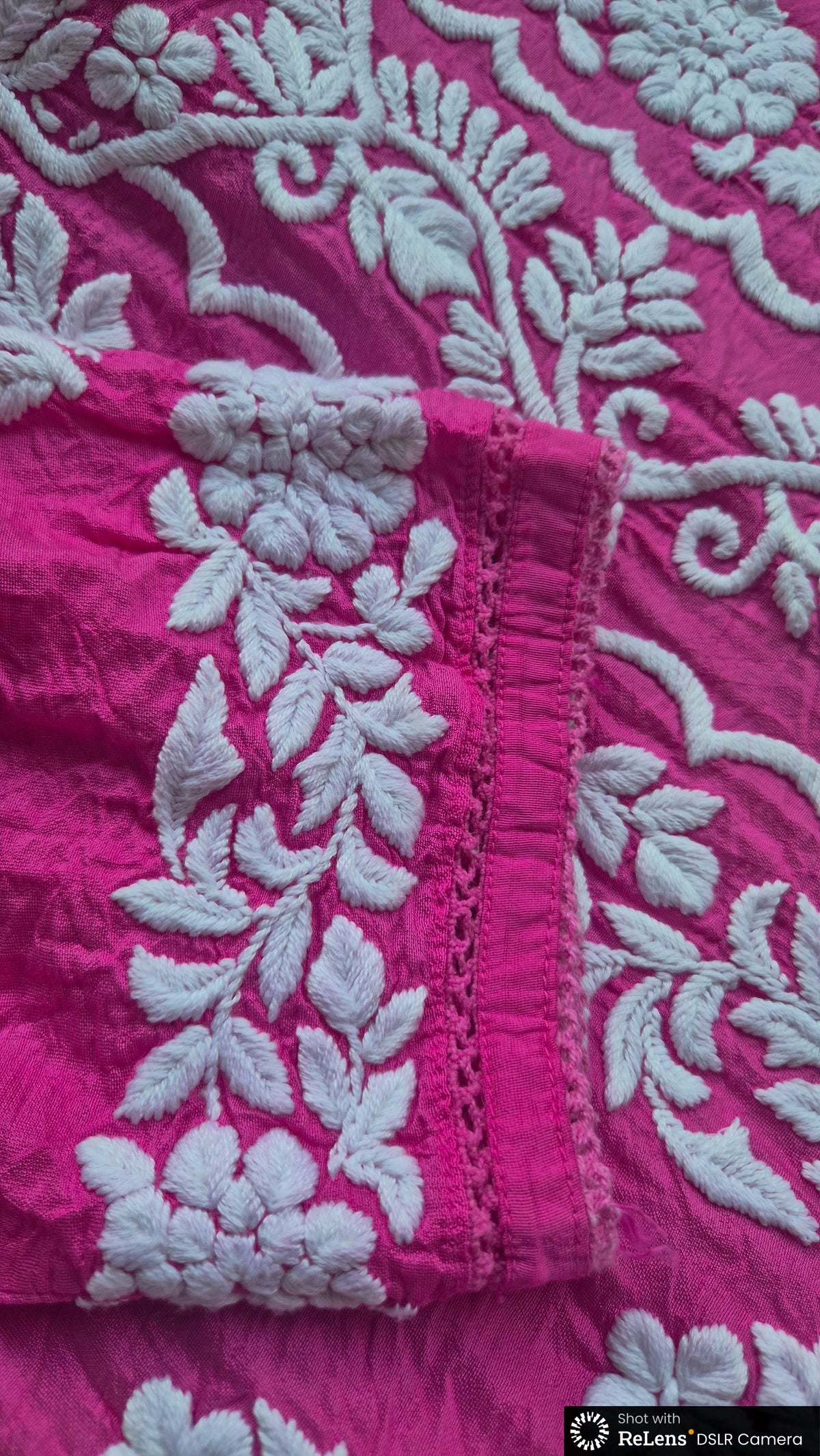 A woman wearing LVW Fashions Adaya premium cotton silk luxury Chikankari co-ord set with intricate Lucknow-style embroidery.