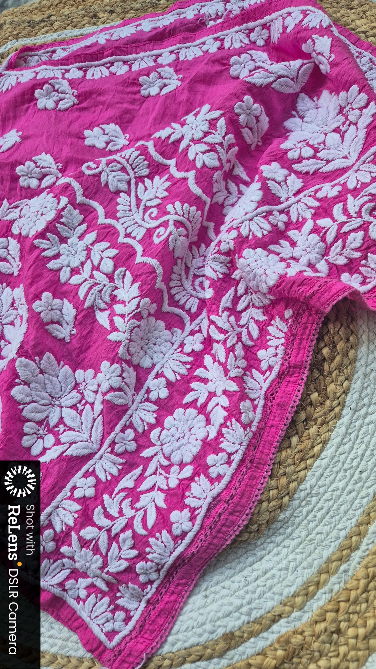 A woman wearing the LVW Fashions Adaya premium cotton silk Chikankari co-ord set with intricate Lucknow-style embroidery.