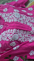 A woman wearing the LVW Fashions Adaya premium cotton silk luxurious Chikankari co-ord set with intricate handmade Lucknow Chikankari embroidery.