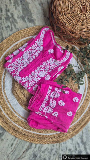 A woman wearing the LVW Fashions Adaya premium cotton silk Chikankari co-ord set with intricate Lucknow-style embroidery.