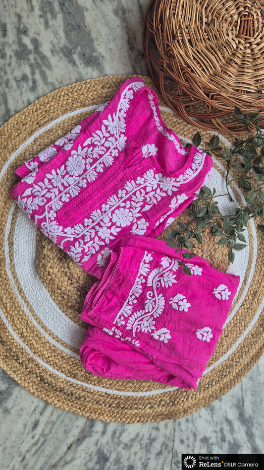 A woman wearing the LVW Fashions Adaya premium cotton silk Chikankari co-ord set with intricate Lucknow-style embroidery.