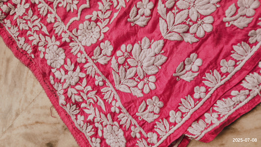 A woman wearing the LVW Fashions Adaya premium cotton silk luxurious Chikankari co-ord set with intricate handmade Lucknow Chikankari detailing.
