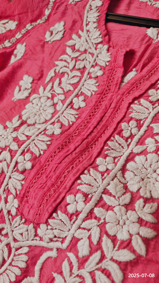 A woman wearing the LVW Fashions Adaya premium cotton silk luxurious Chikankari co-ord set, featuring intricate handmade Lucknow Chikankari.