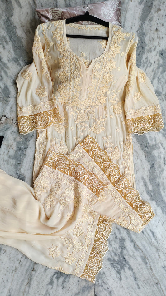 A luxurious Adaya Rose silk co-ord set by LVW Fashions featuring intricate handmade Lucknow Chikankari embroidery.