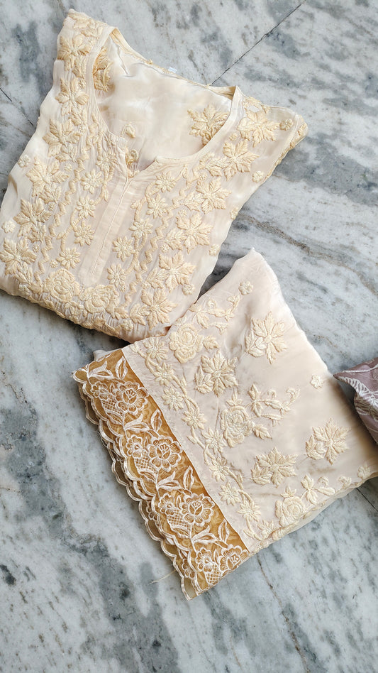Luxurious Adaya Rose silk co-ord set by LVW Fashions, handmade Lucknow Chikankari kurta for wedding and special occasions.