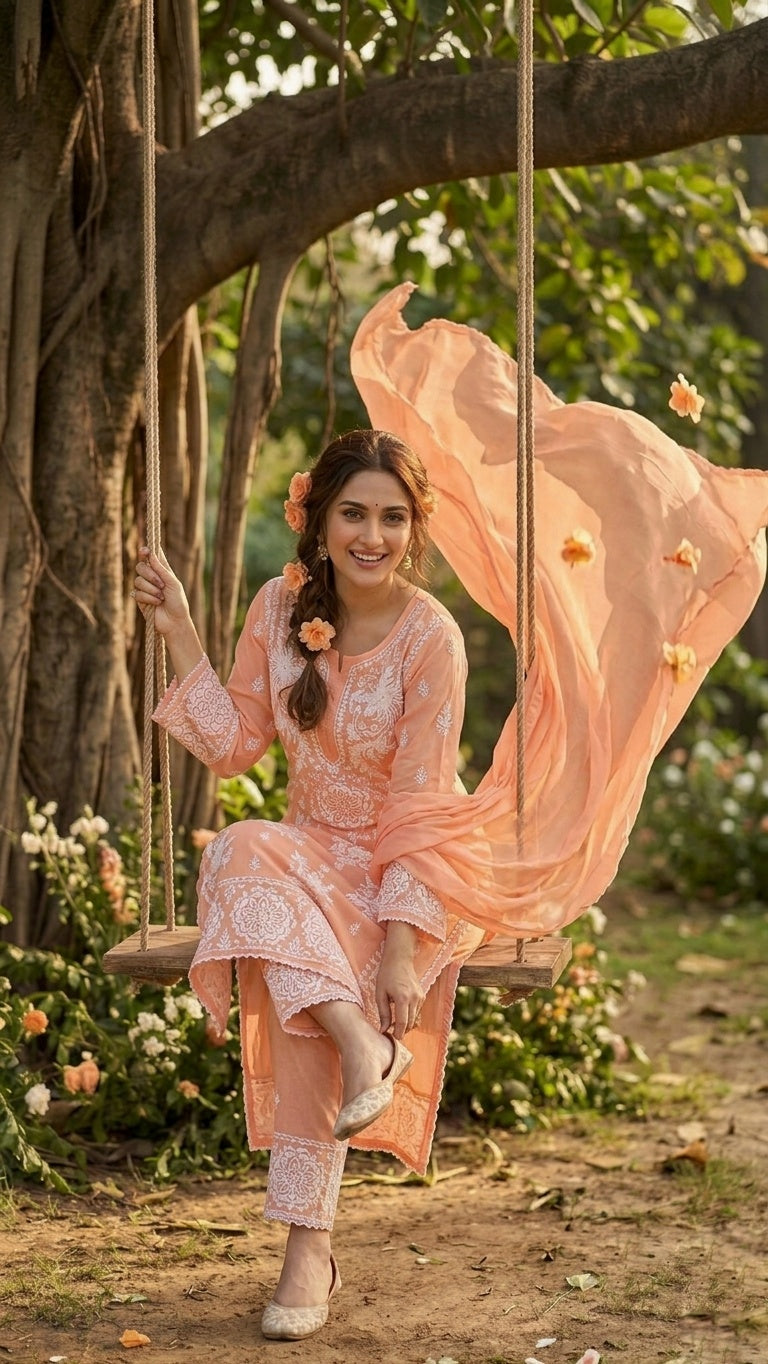 LVW Fashions Azhel co-ord set in luxurious premium silk with handcrafted Lucknow Chikankari embroidery, front and back design.