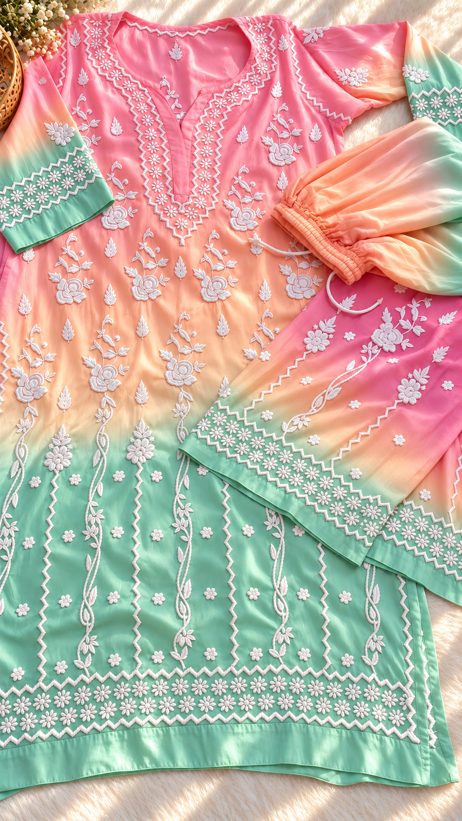 A pastel gradient kurti set with white floral embroidery, featuring a pink-to-teal ombre tunic, matching pants, and a coordinating dupatta, laid flat on a light textured surface.