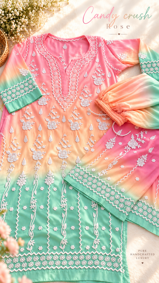 A women's three-piece traditional tunic set laid flat on a light fabric background. The set features a long tunic with a pink-to-cream-to-mint green gradient and white floral embroidery, matching cropped pants, and a coordinating headscarf.