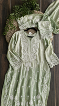 LVW Fashions luxury silk co-ord set with handmade Lucknow chikankari kurta, limited edition, elegant and intricate craftsmanship.
