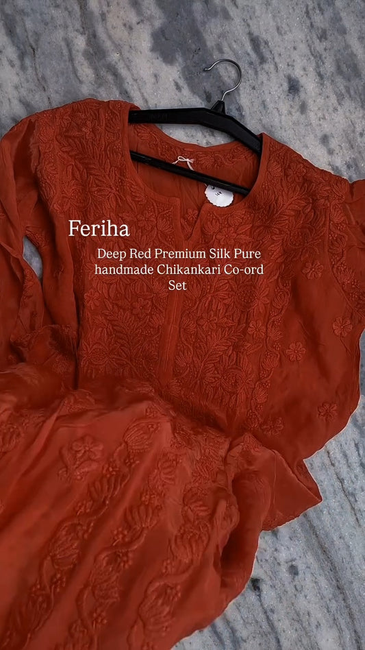 Feriha premium shining silk Chikankari co-ord set by LVW Fashions featuring handmade Lucknow Chikankari kurta and matching pants.
