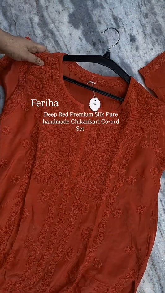 Feriha Premium Shining Silk Chikankari Co-ord Set by LVW Fashions featuring handmade Lucknow Chikankari kurta and matching trousers.