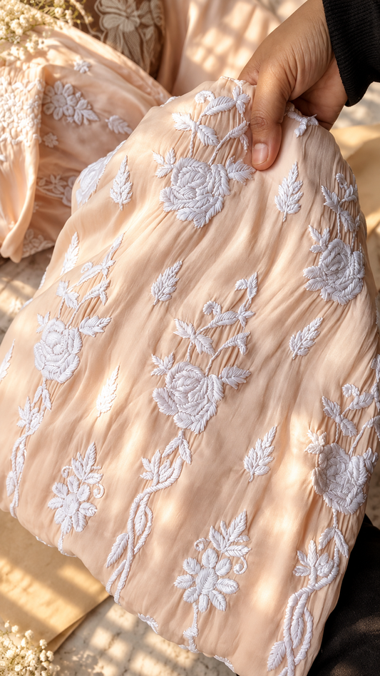 Luxury silk co-ord set from LVW Fashions with intricate Lucknow chikankari embroidery, front and back design, limited edition.