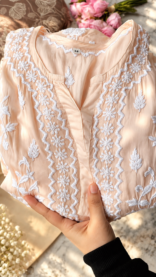 Luxurious Gulab silk co-ord set by LVW Fashions featuring front and back embroidery, handmade Lucknow Chikankari, limited edition.
