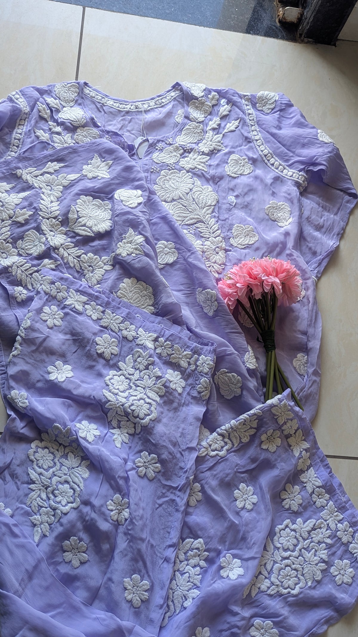 Luxurious Gulab wedding silk co-ord set with front and back embroidery, handmade Lucknow chikankari by LVW Fashions.