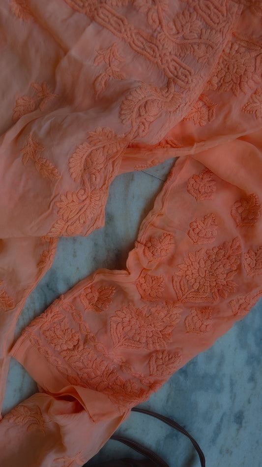 Heavy embroidered peach silk co-ord set with Lucknow chikankari and matching kurta from LVW Fashions, featuring intricate hand embroidery.