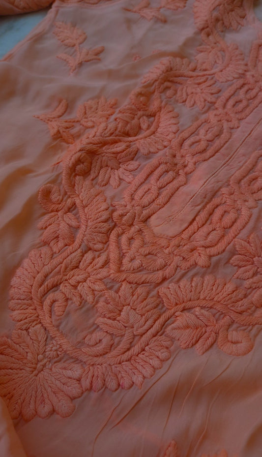 Heavy embroidered peach silk co-ord set featuring handmade Lucknow chikankari with matching kurta and pants from LVW Fashions.