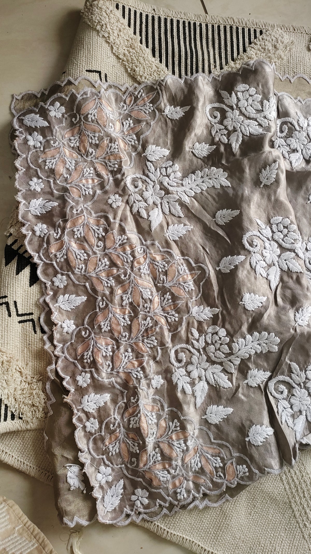 LVW Fashions Huma Silver Silk Co-ord Set with handcrafted Lucknow Chikankari and golden Gota work, featuring a designer kurta and matching pants.