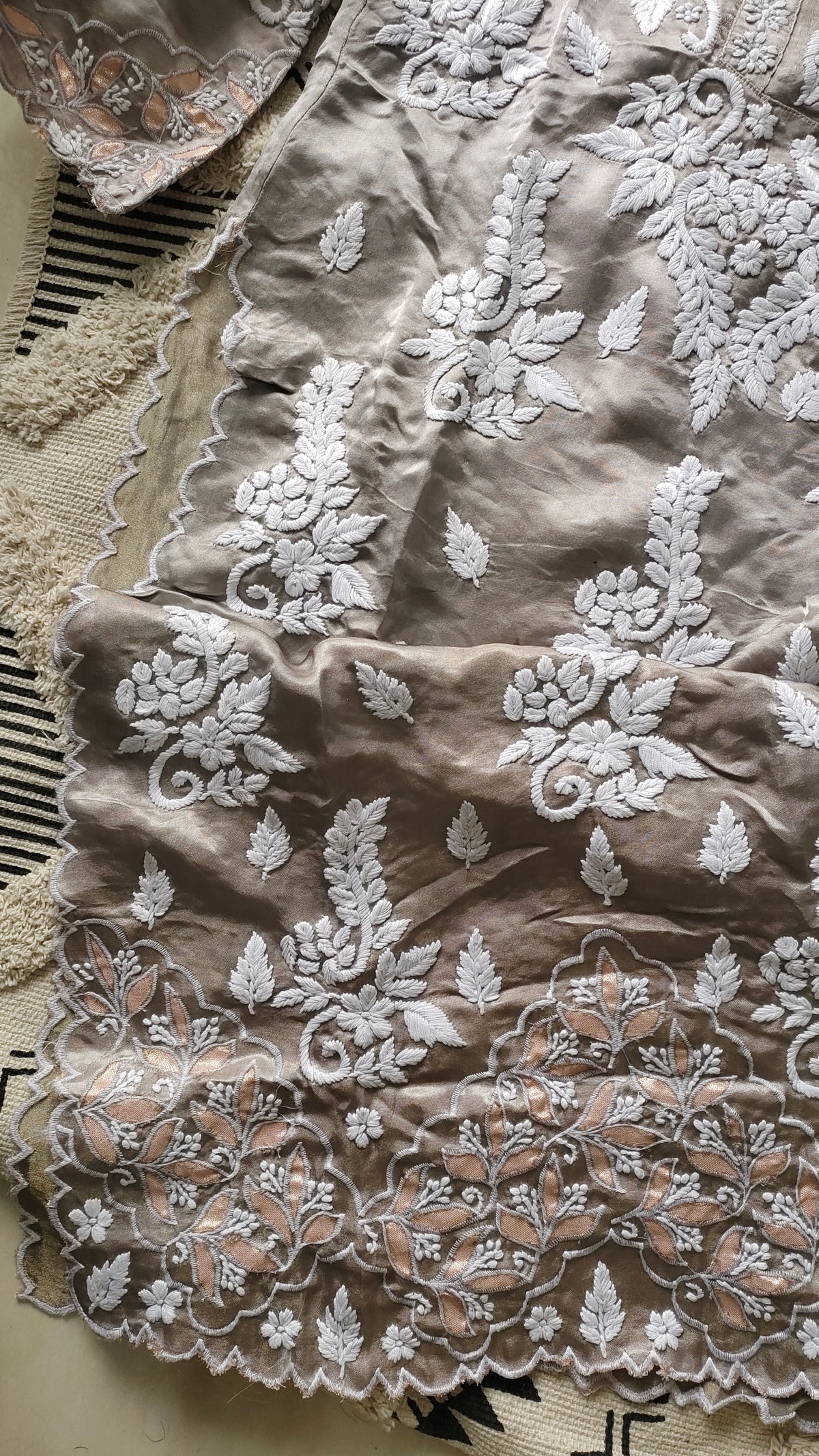 Handcrafted Huma Silver Silk Co-ord Set by LVW Fashions with Lucknow Chikankari and golden Gota work, featuring intricate embroidery design.