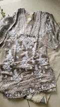 Huma Silver Silk pure handcrafted designer co-ord set with Lucknow Chikankari and golden Gota work by LVW Fashions.
