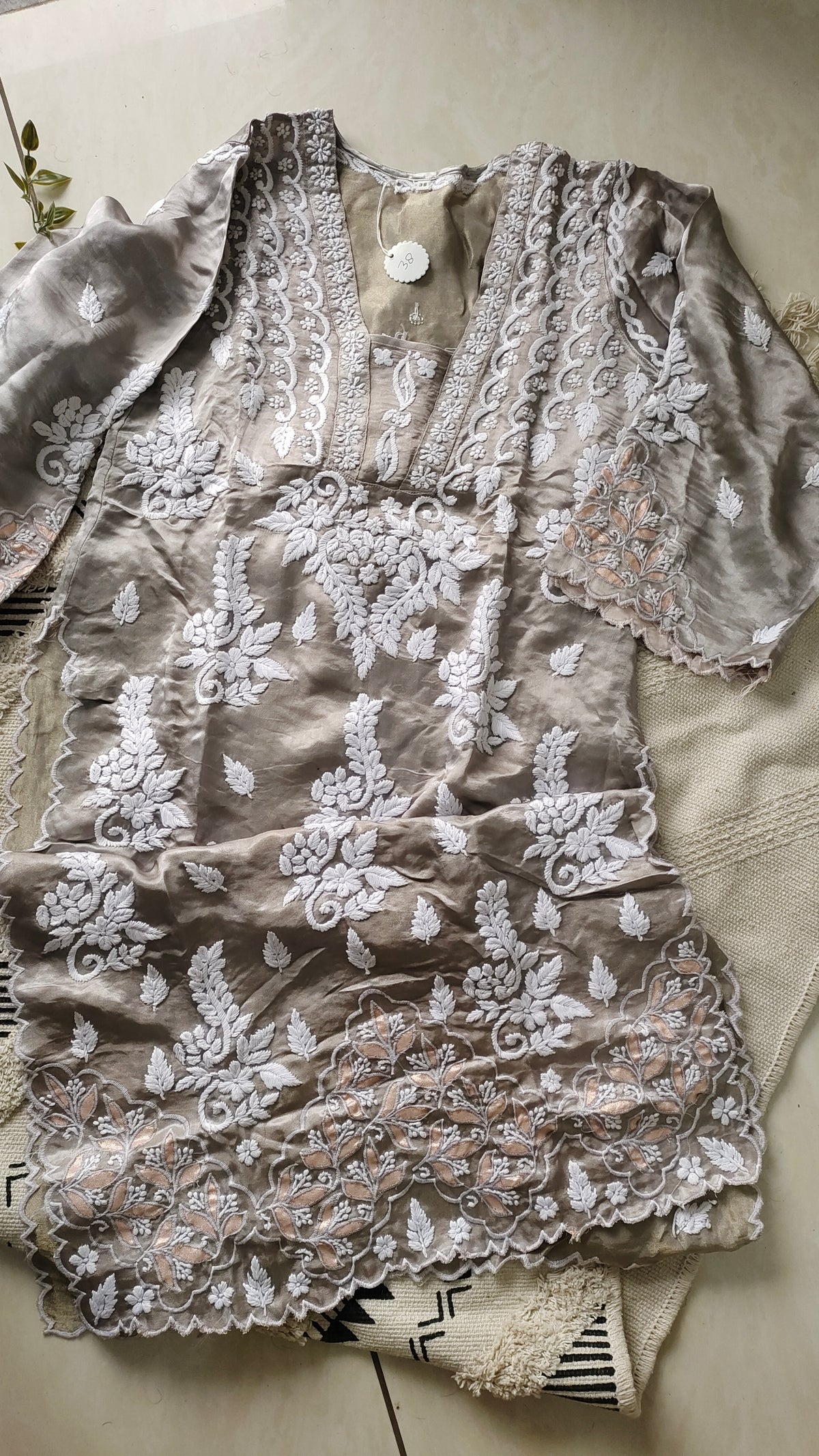Huma Silver Silk pure handcrafted designer co-ord set with Lucknow Chikankari and golden Gota work by LVW Fashions.