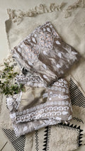 Silver silk handcrafted co-ord set with Chikankari and golden Gota work, featuring a designer Lucknow-style kurta from LVW Fashions.