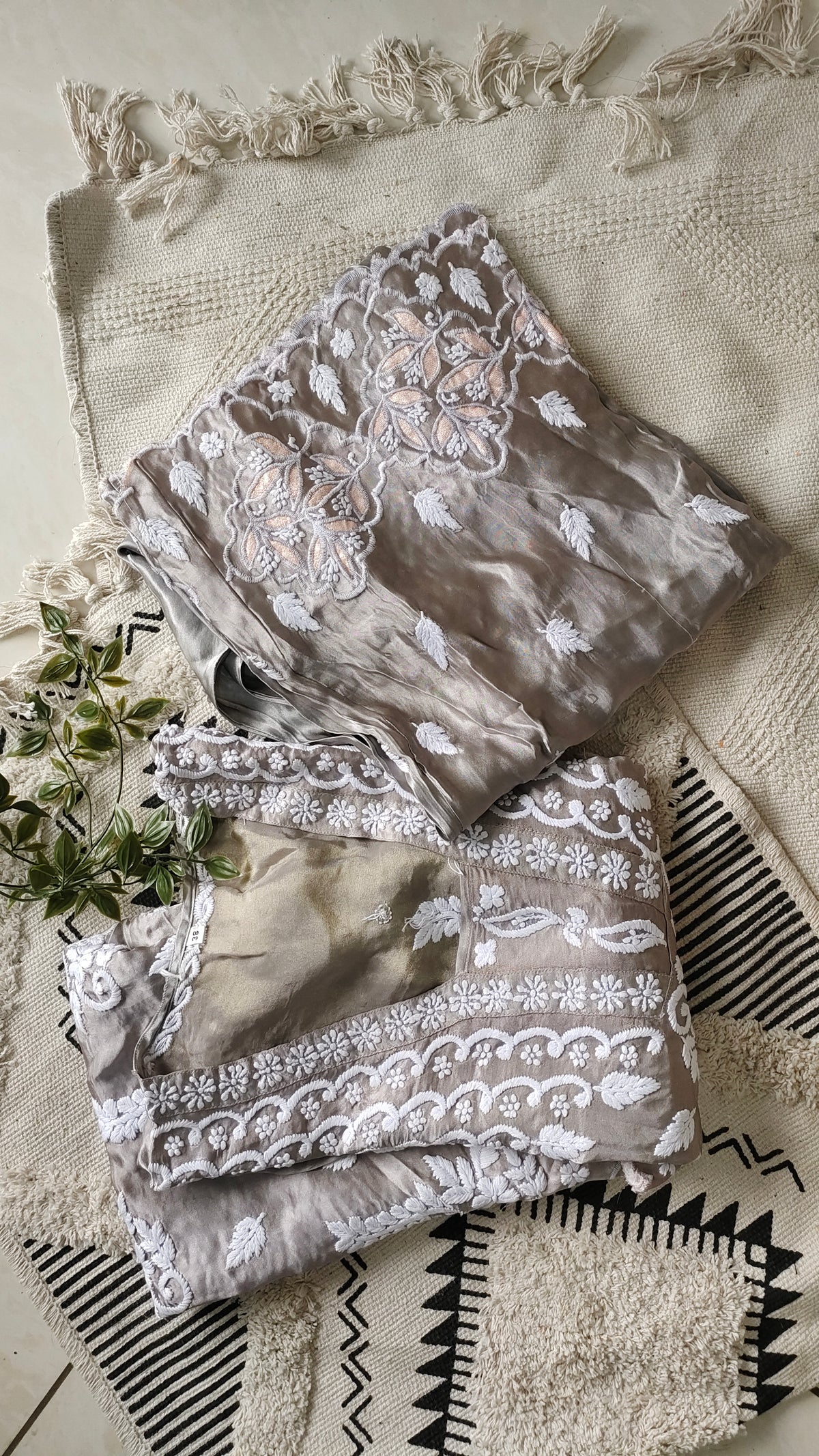 Silver silk handcrafted co-ord set with Chikankari and golden Gota work, featuring a designer Lucknow-style kurta from LVW Fashions.