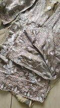 Huma Silver Silk handcrafted co-ord set with Lucknow Chikankari and golden Gota work, featuring a designer kurta and matching bottoms.