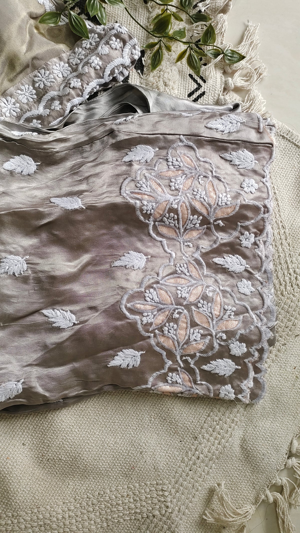Silver silk handcrafted co-ord set with intricate Lucknow Chikankari and golden Gota work by LVW Fashions.