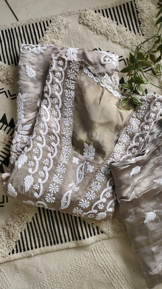 Huma Silver Silk Pure Handcrafted Designer Co-ord Set with Chikankari and golden Gota work