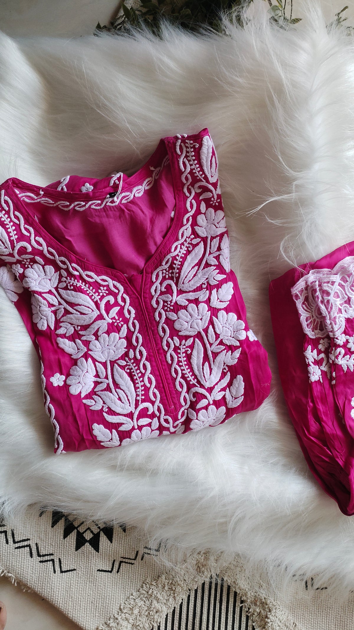Luxurious Inara silk co-ord set by LVW Fashions featuring handmade Lucknow Chikankari kurta and matching pants, limited edition.