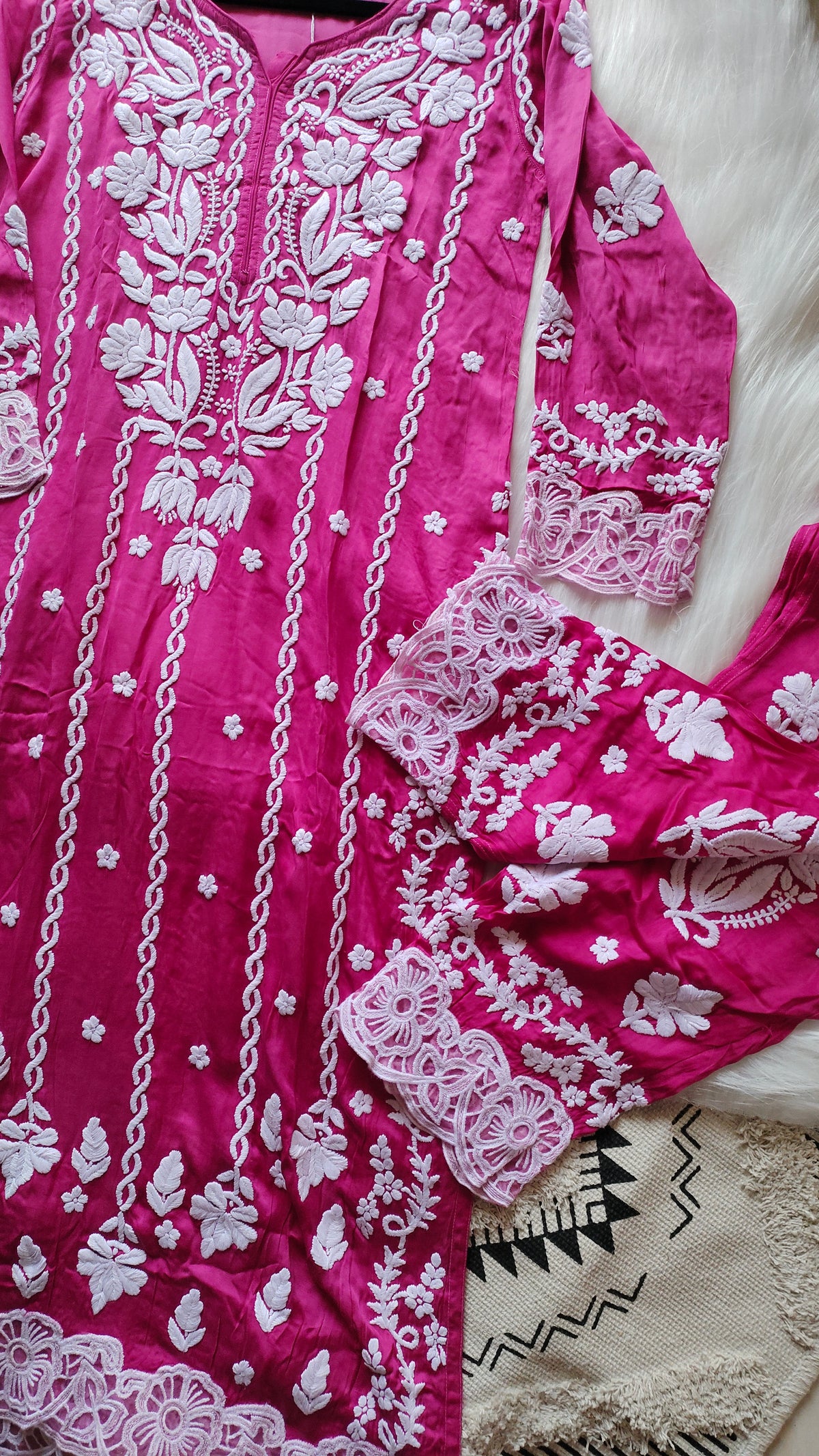 Luxurious Inara silk co-ord set by LVW Fashions, handmade Lucknow Chikankari kurta and matching pants in limited edition.