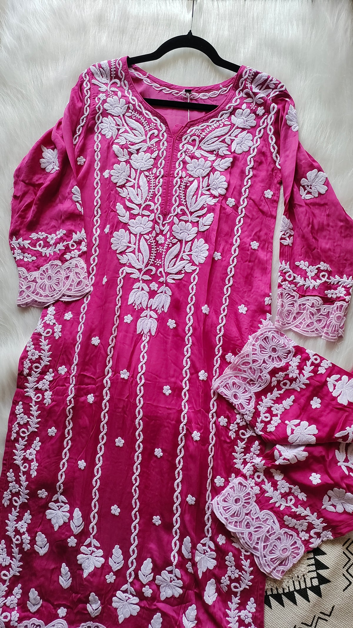 Handmade Lucknow Chikankari silk co-ord set from LVW Fashions in Inara Luxurious Collection, featuring intricate embroidery and elegant design.