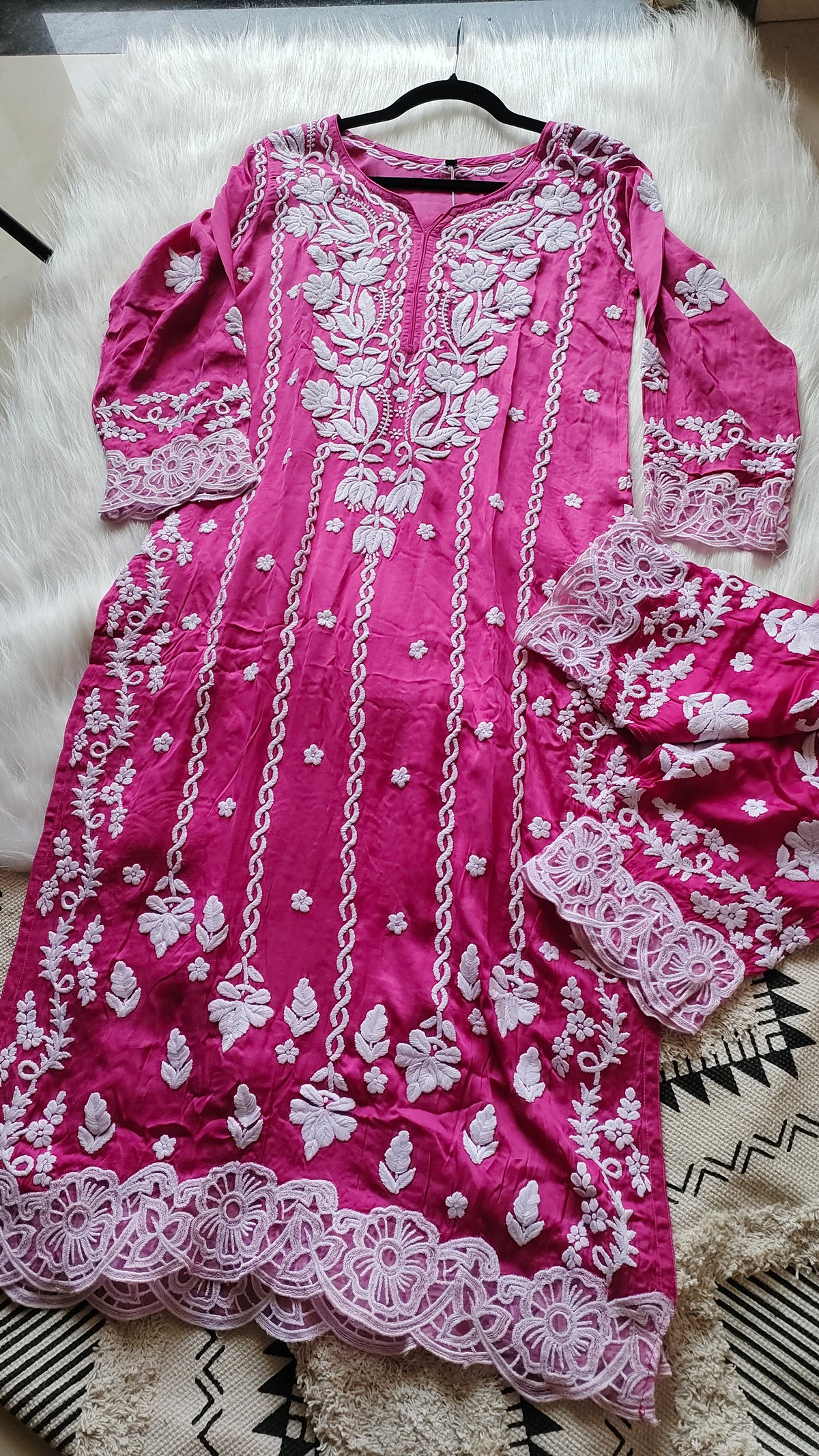 Luxurious Inara silk co-ord set by LVW Fashions with handcrafted Lucknow Chikankari kurta and matching pants, limited edition.