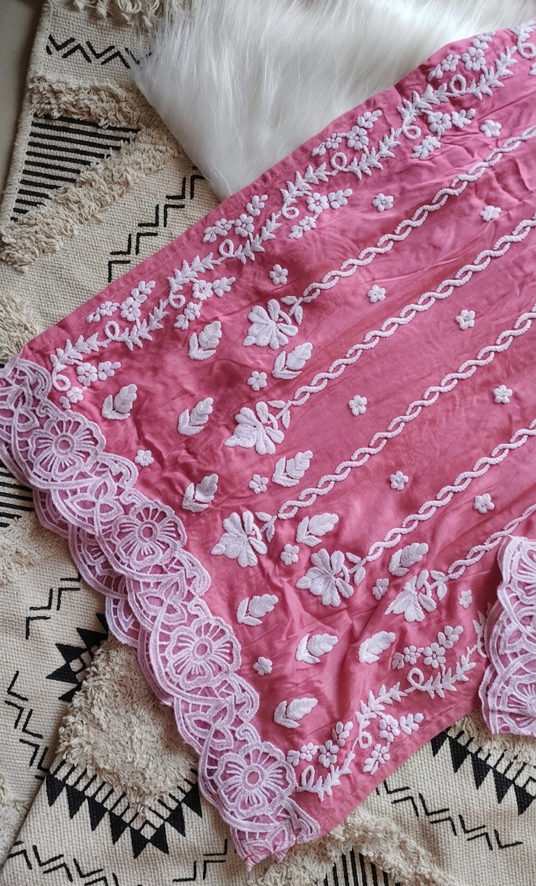 LVW Fashions Inara Rose Pink Silk Co-ord Set with Lucknow Chikankari, luxurious handmade kurta and matching pants, limited edition.
