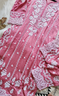 Rose pink luxury silk co-ord set from LVW Fashions' Inara collection, featuring handmade Lucknow Chikankari kurta and matching bottoms.