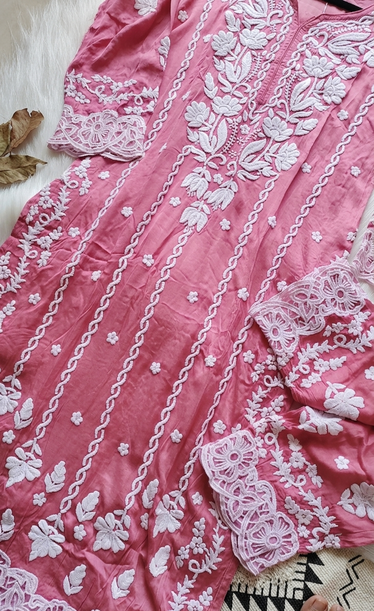 Rose pink luxury silk co-ord set from LVW Fashions' Inara collection, featuring handmade Lucknow Chikankari kurta and matching bottoms.