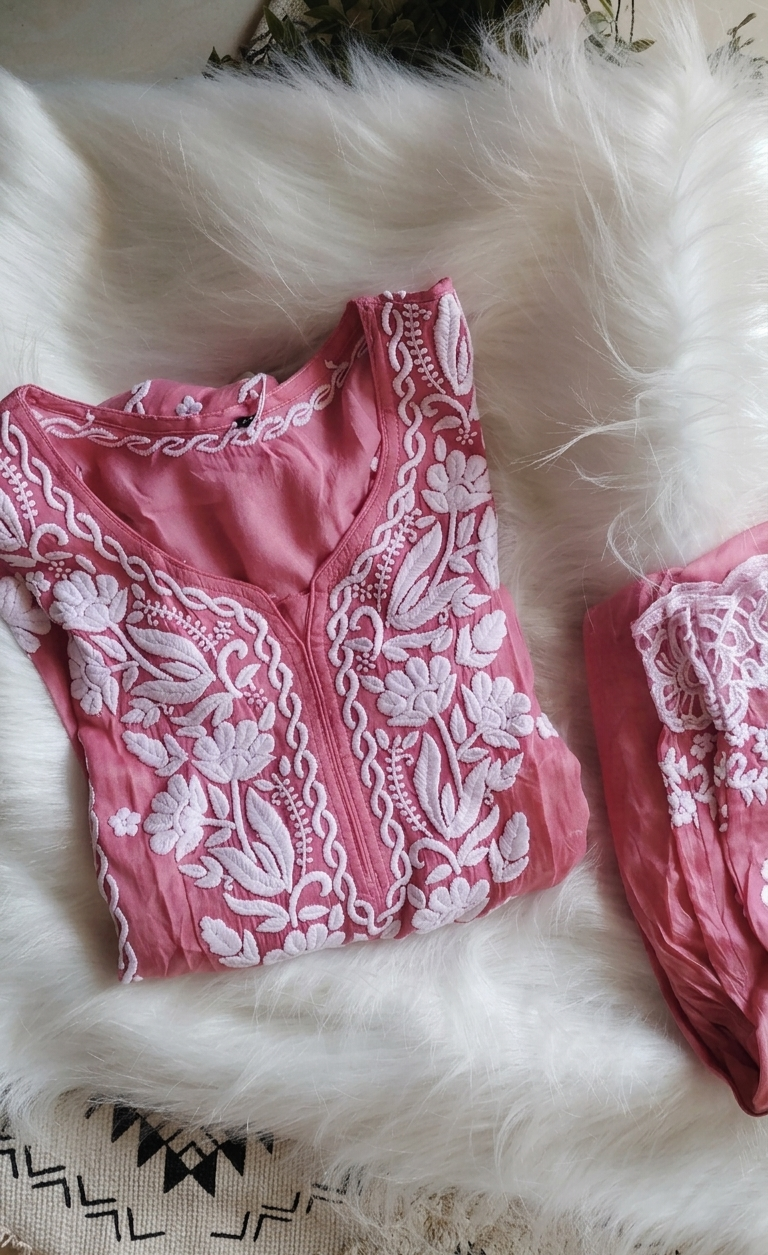 Luxurious Inara Rose Pink silk co-ord set from LVW Fashions' limited edition collection with handmade Lucknow Chikankari kurta.