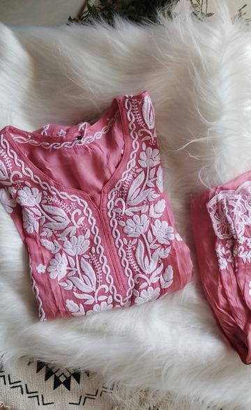 Luxurious Inara Rose Pink silk co-ord set from LVW Fashions' limited edition collection with handmade Lucknow Chikankari kurta.