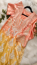 Peach and sunshine handcrafted designer co-ord set with chikankari and golden work by LVW Fashions, featuring a traditional Lucknow chikankari kurta.