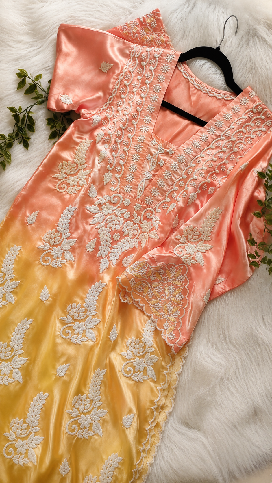 Peach and sunshine handcrafted designer co-ord set with chikankari and golden work by LVW Fashions, featuring a traditional Lucknow chikankari kurta.