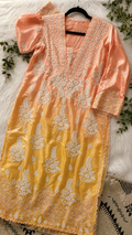 Peach and Sunshine handcrafted designer co-ord set with Lucknow Chikankari, golden embroidery, and matching kurta by LVW Fashions.