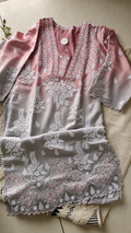 Rose and Ash silk handcrafted designer co-ord set with Chikankari and golden work by LVW Fashions, featuring Lucknow Chikankari details.