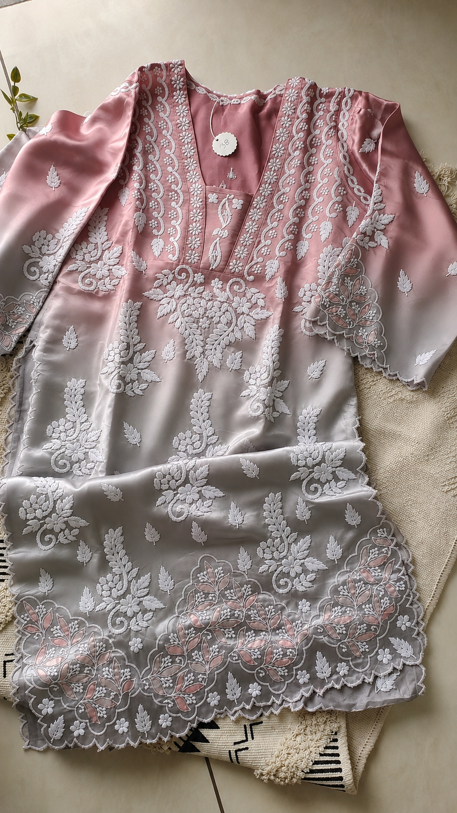 Rose and Ash silk handcrafted designer co-ord set with Chikankari and golden work by LVW Fashions, featuring Lucknow Chikankari details.