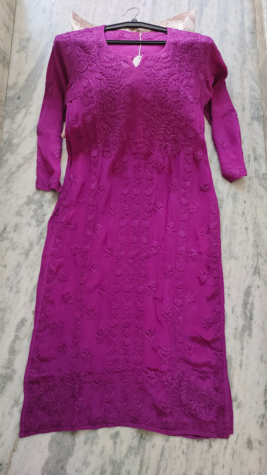 Ruby purple silk Chikankari co-ord set with handmade Lucknow embroidery by LVW Fashions, featuring a shiny, premium finish.
